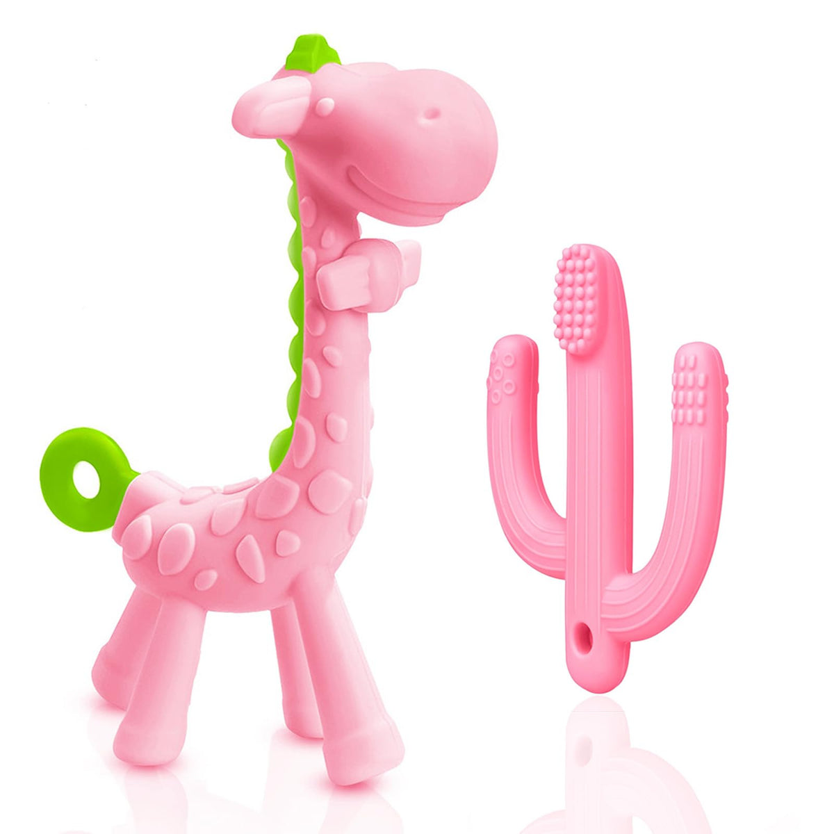 SHARE&CARE BPA Free Silicone Giraffe Baby Teether and Cactus Baby Toothbrush Teether for 3 Months Above Infant Sore Gums Pain Relief and Baby Shower (Pink)