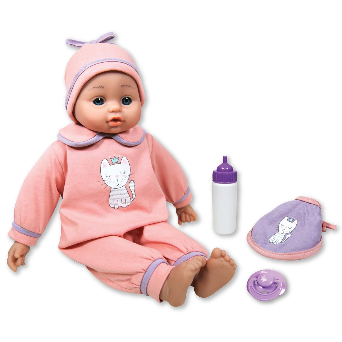 Lissi: Interactive Baby Doll Jamie - 15" Pink Kitty - Talking 5 Baby Sounds Bottle Bib Pacifier Press Hand Feet & Tummy Play Toy Kids Ages 2+