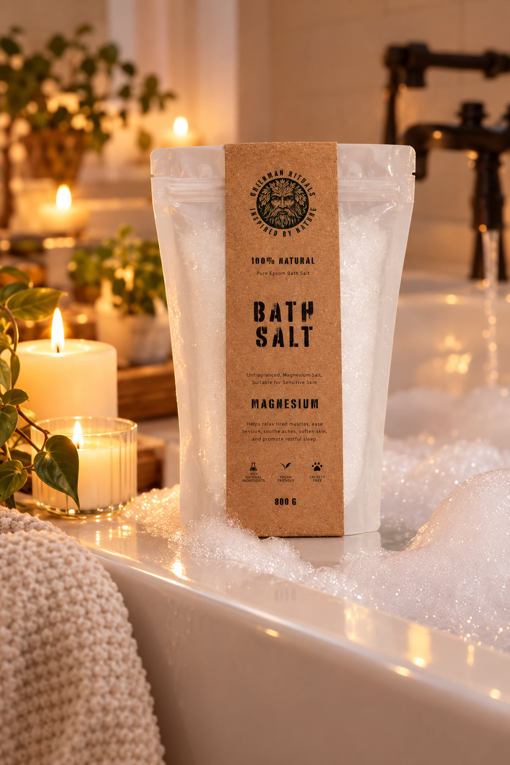 Bath salt package with a brown label on a white background