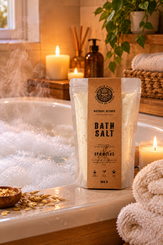 Bag of bath salts with a brown label on a white background