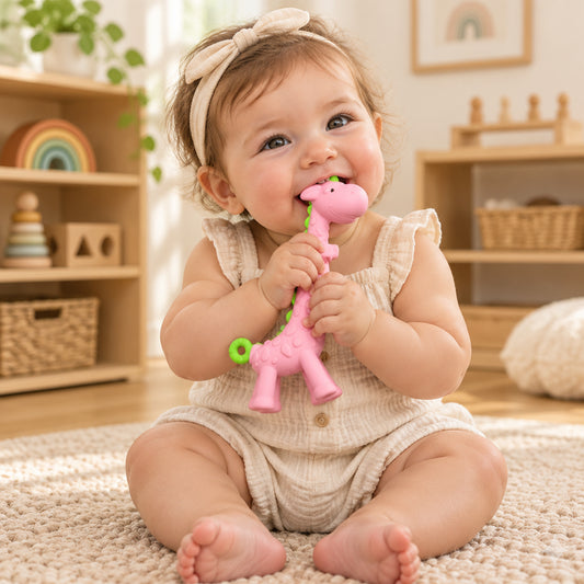 A pink silicone baby teether set featuring a giraffe with a green neck and tail ring, and a matching cactus-shaped teether, shown on a white background with a soft reflection.